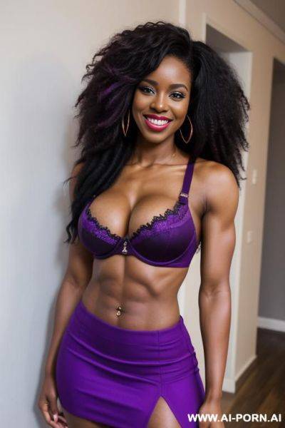 African, long afro hair, fit, abs, strong arms, big ass, navel piercing, purple bra, purple skirt, tall, looking at camera, full body, stiletto - ai-porn.ai on pornsimulated.com