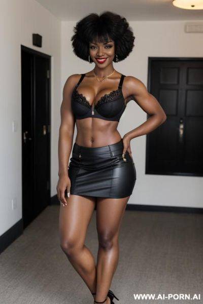 African, short afro hair, bangs, fit, abs, strong arms, big ass, navel piercing, black bra, black skirt, tall, looking at camera, full body, black lipstick, stiletto - ai-porn.ai on pornsimulated.com