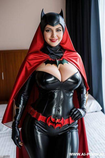 Two smiling busty curvy russian milf with huge boobs wearing hijab and batwoman uniform costume exhibition nude standing bedroom - ai-porn.ai - Russia on pornsimulated.com