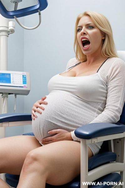 Screaming angry pregnant blonde blue eyed woman in gynecologist chair in hospital - ai-porn.ai on pornsimulated.com