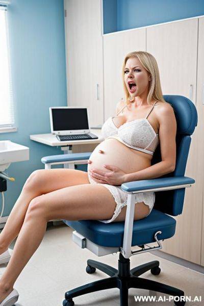 Screaming angry pregnant blonde blue eyed woman in gynecologist chair with legs in stirrups in hospital - ai-porn.ai on pornsimulated.com