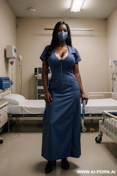 Hostile angry dark skinned african nurse with long dark hair in doctors office at hospital wearing blue hospital gown and a hospital smok holding a large star shaped hammer - ai-porn.ai on pornsimulated.com