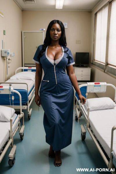 Hostile angry dark skinned african nurse with long dark hair in doctors office at hospital wearing blue hospital gown and a hospital smok - ai-porn.ai on pornsimulated.com