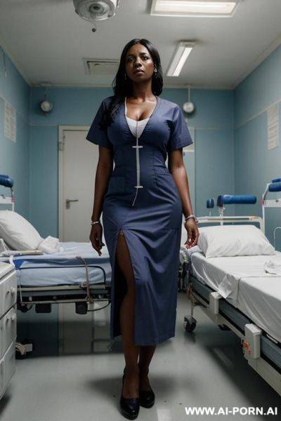 Hostile angry dark skinned african nurse with long dark hair in doctors office at hospital wearing blue hospital gown and a hospital smok holding a suction tool - ai-porn.ai on pornsimulated.com