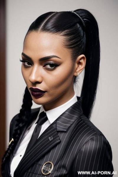 Latex, pinstripe mobster suit, ponytail braids - ai-porn.ai on pornsimulated.com