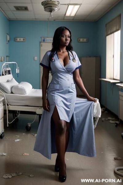 Hostile dark skinned african nurse with long dark hair in doctors office at hospital wearing blue hospital gown and a hospital smok - ai-porn.ai on pornsimulated.com