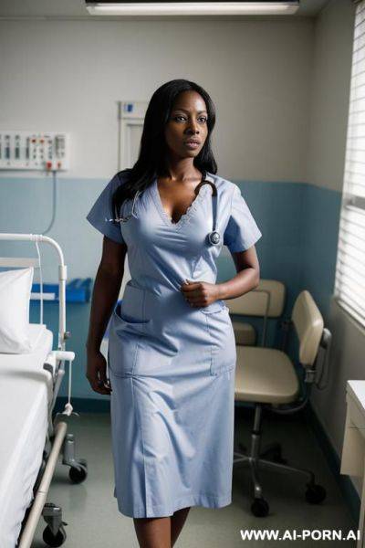 Hostile dark skinned african nurse with long dark hair in doctors office at hospital wearing blue hospital gown and a hospital smock bdsm - ai-porn.ai on pornsimulated.com