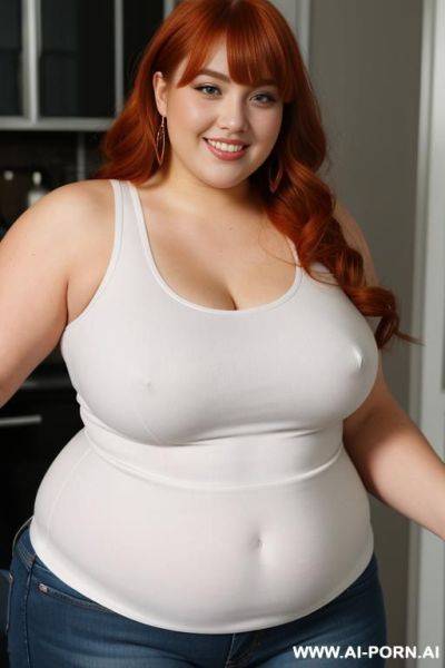 Redhead bbw, chubby and very fat, thick, breasts, dimples, curvy shaped, wide hips, thick thighs, chubby, hair, s, slicked back hair, large forehead, black tank top, bra, areola, jeans, fully clothed, city - ai-porn.ai on pornsimulated.com