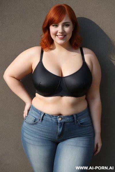 Redhead bbw, chubby and fat , breasts, dimples, pear shaped, wide hips, thick thighs, chubby, hair, s, slicked back hair, large forehead, black tank top, bra, areola, jeans, fully clothed, city - ai-porn.ai on pornsimulated.com