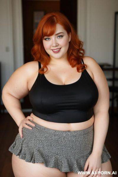 Redhead bbw, chubby and very fat, thick, breasts, dimples, voluptuous shaped, wide hips, thick thighs, chubby, hair, s, slicked back hair, large forehead, black tank top, bra, areola, ruffle microskirt, fully clothed, city - ai-porn.ai on pornsimulated.com