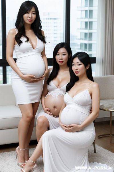 Two asian women, pregnant, ((detailed faces)), wearing white dresses, in a penthouse, looking at the viewer, - ai-porn.ai on pornsimulated.com