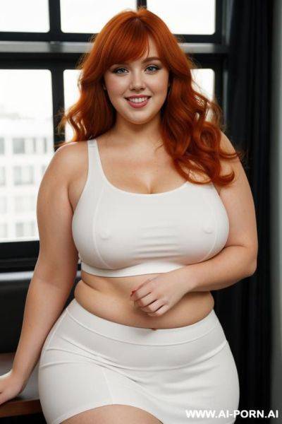 Redhead bbw, chubby and very fat, thick, breasts, dimples, curvy shaped, wide hips, thick thighs, chubby, hair, s, slicked back hair, large forehead, black tank top, bra, areola, ruffle microskirt, fully clothed, city - ai-porn.ai on pornsimulated.com