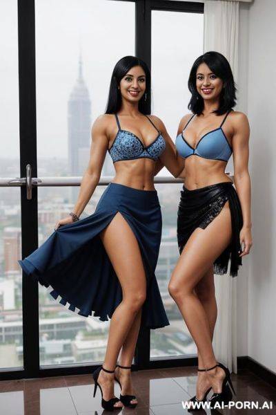 Indians, fit, abs, muscles, navel piercing, blue bra, blue frilly skirt, looking at camera, tall, full body, 2 women next to each other, stiletto, view from top, blue heels, open mouth - ai-porn.ai - India on pornsimulated.com