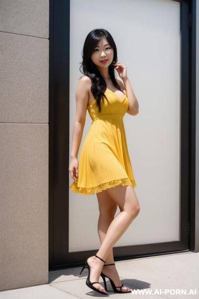 Photo of an asian woman, ((detailed face)), wearing a sundress, wearing high heels, posing outside - ai-porn.ai on pornsimulated.com