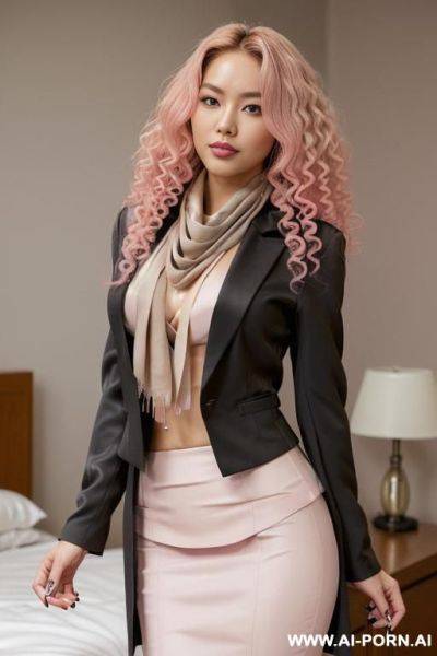 Half-korean and half-japanese, a supermodel and 15cm tall, ((wearing a tailored black-gray blazer, a cream colored faux silk blouse underneath the blazer, a short, taupe colored pencil skirt, and a - ai-porn.ai - Japan - North Korea on pornsimulated.com