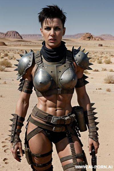 Soldier on a desert battlefield. muscular body with toned abs. shorty, spiky punk hair. sweat and grime on body. armoured shoulder pads. armoured legs. holding rifle in hand. fallout raider. mad max. - ai-porn.ai on pornsimulated.com