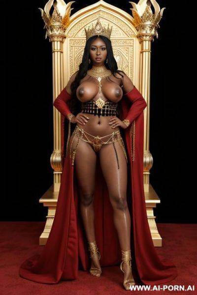 (black woman). royalty. queen, royal necklace, pierced navel, rings, long nipples, tiara, large nipples, piercings, nose stud, bracer, head dress, large areolas, oversized boobs, anklet, huge nipples, - ai-porn.ai on pornsimulated.com