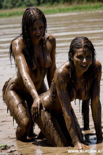 Totally naked, barefoot, mud fighter, two women - ai-porn.ai on pornsimulated.com