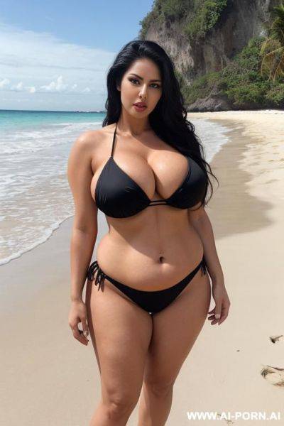 Tall busty fit latina milf hotwife, gorgeous face, thick lips, long black slicked hair, black eyes, medium saggy boobs, abs, waist, big ass, fat belly, curvy, thick legs, white micro bikini, full body picture, standing up, seductive, beach, qos tattoo - ai-porn.ai on pornsimulated.com