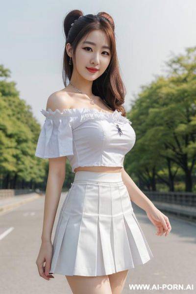 Hi quality picture, super realistic, japanese woman uniform, white shirt has big bow, shots blue skirt, - ai-porn.ai - Japan on pornsimulated.com