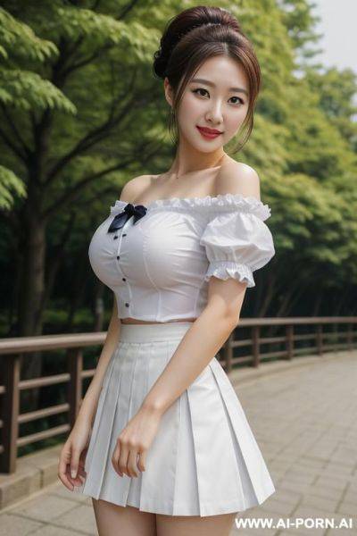 Hi quality picture, super realistic, japanese woman uniform, white shirt has bow, shots blue skirt, - ai-porn.ai - Japan on pornsimulated.com