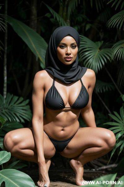 A woman with a black hijab, sexy in a black bikini swimsuit, doing squat poses, and leg separates in the tropical jungle setting - ai-porn.ai on pornsimulated.com