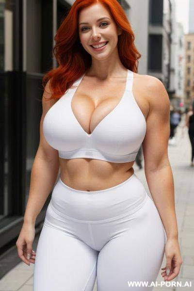 Redhead, tight clothes, (white sports bra), (white g-string), smiling, city street, thick body, beautiful, huge tits, gigantic breasts, muscular body - ai-porn.ai on pornsimulated.com