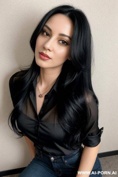 Woman long black hair orange blouse jeans selfie - ai-porn.ai on pornsimulated.com