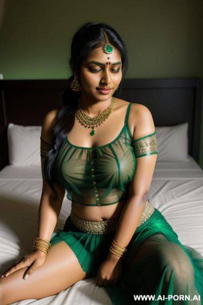 Indian woman, 40 years old, sit on bed, dark night bedroom, unbuttoned transparent green blouse, natural breast, green skirt, thick thigh, fit hip , green bangles, necklace, nipples, ponytail - ai-porn.ai - India on pornsimulated.com