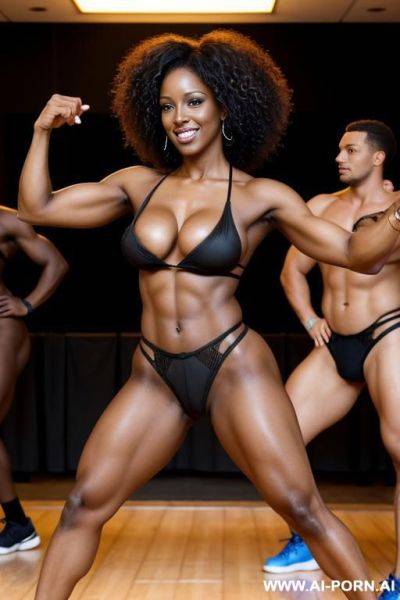 Black african woman, athletic body, breasts, firm ass, black curly hair, naked, zumba instructor, performs a choreography with a group of muscular men with their dicks in sight - ai-porn.ai on pornsimulated.com