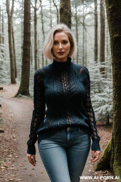 Frau im wald, pullover und jeans, kuzes hellgraues haar, lachend, portrait, - ai-porn.ai on pornsimulated.com