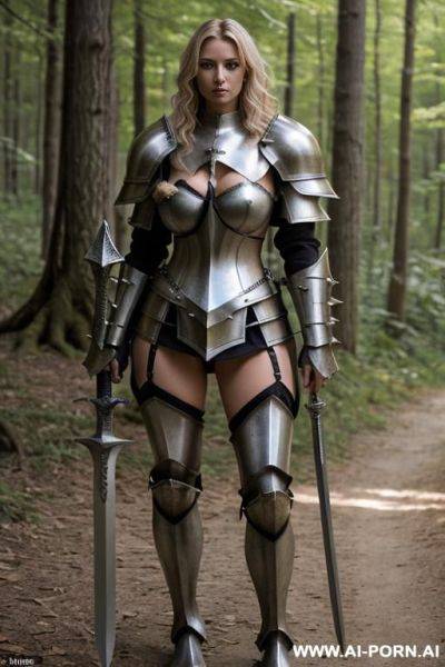 Rior woman, steel armor with spikes, sword with a large handle and a massive large blade - ai-porn.ai on pornsimulated.com