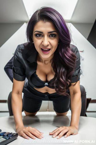 Angry secretary gives blowjob to her boss, stripped clothes, 1 latina violet hair - ai-porn.ai on pornsimulated.com