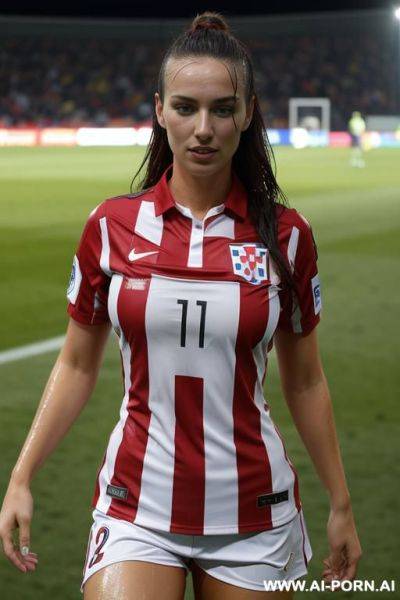 Topless, full body view, croatian soccer uniform, wet skin, soccer stadium - ai-porn.ai - Croatia on pornsimulated.com