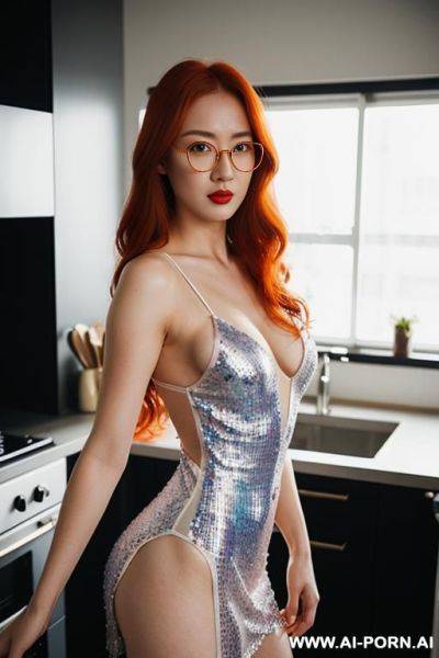 Chinese, rainbow sequin wedding dress, ice crown, wearing transparent body suit - ai-porn.ai - China on pornsimulated.com