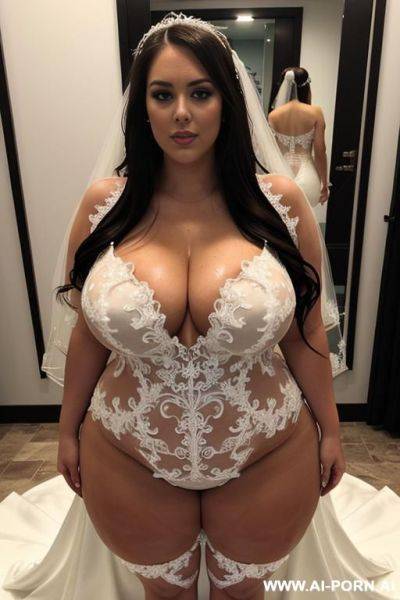 Female, white, obese, beautiful bbw, beautiful face, seductive face, big ass, big breasts, thick thighs, long thich legs, bare feet, fully naked, shaved pussy, oiled body, wet body, sexy wedding dress - ai-porn.ai on pornsimulated.com