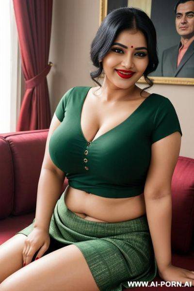 Indian housewife, eyes, long eyelashes, eyebrow, red lipstick, chubby face, smiling seductive, lean on sofa, in living hall, fit body, natural breast, green blouse, green skirt - ai-porn.ai - India on pornsimulated.com