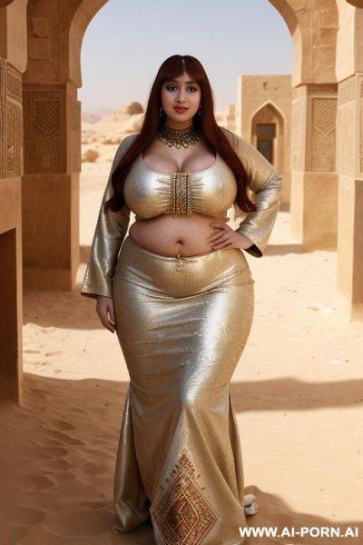 Female, white, obese, beautiful bbw, beautiful face, seductive face, big ass, big breasts, thick thighs, long thich legs, bare feet, fully naked, shaved pussy, oiled body, wet body, sexy arabic woman outfit - ai-porn.ai on pornsimulated.com