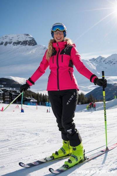 Slank, blond norsk 20 år gammel e der står på ski ned af en piste - ai-porn.ai on pornsimulated.com