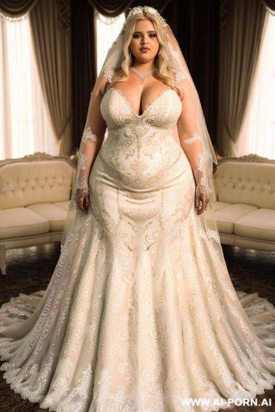 Female, white, obese, beautiful bbw, beautiful face, seductive face, big ass, big breasts, thick thighs, long thich legs, bare feet, fully naked, shaved pussy, oiled body, wet body, wearing sexy wedding dress - ai-porn.ai on pornsimulated.com