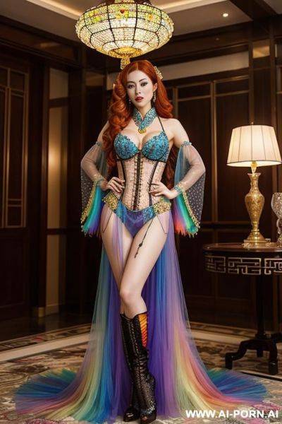 Chinese, rainbow transparent corset，tutu skirt， mesh robe，rainbow transparent bra ,necklace，rainbow large pointed thigh-high boots， bright room - ai-porn.ai - China on pornsimulated.com