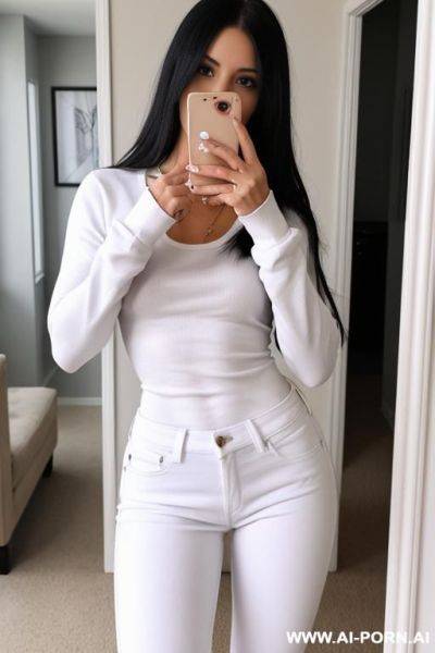 Woman tight white sweatshirt jeans selfie photo in the mirror - ai-porn.ai on pornsimulated.com