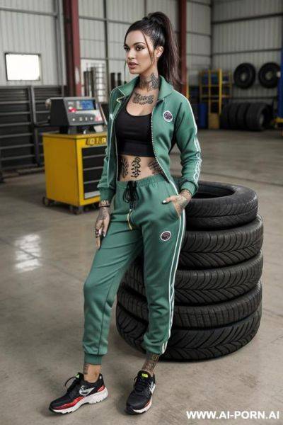 Woman mechanic tracksuits short top in a tire repair plant tatoo green - ai-porn.ai on pornsimulated.com