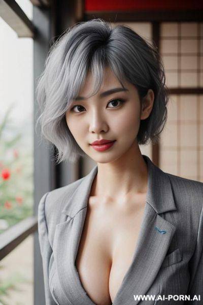 (cleavage) (blue blazer) (gray hair) (short hair) - ai-porn.ai on pornsimulated.com