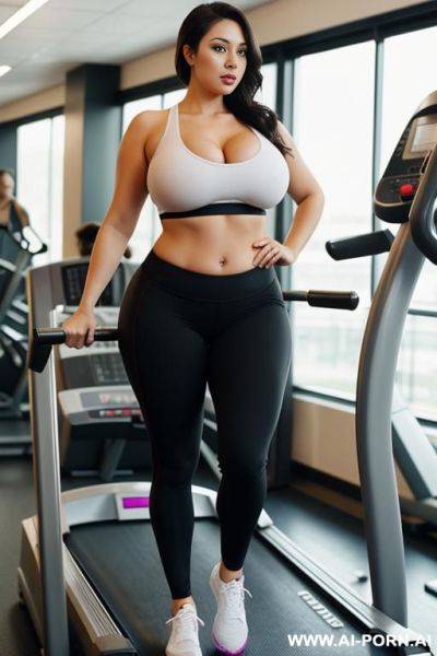 Chubby slut at the gym, massive breasts, wide pelvis, thick thighs, gigantic round buttocks. walking on treadmill - ai-porn.ai on pornsimulated.com