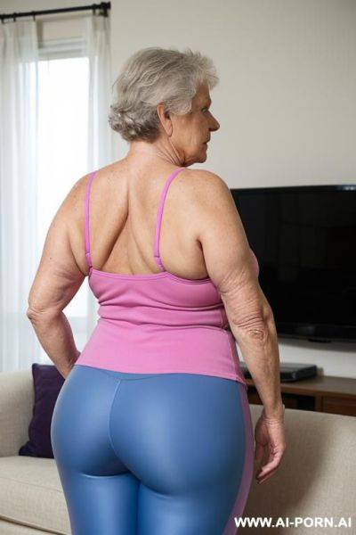 Back view, old chubby woman, very old woman, fit, triangular hips, thick thighs, old woman, wearing blue leggings, old woman, wearing pink tank top, old woman, hands on hips, old woman in the living room in front of the television - ai-porn.ai on pornsimulated.com