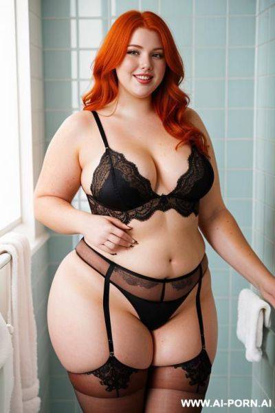 Half body photo, as a setting in the shower area, a thick fat british redhead bbw, she is getting ready to take a hot shower, she has no loving arms and a medium soft belly, she has - ai-porn.ai - Britain on pornsimulated.com