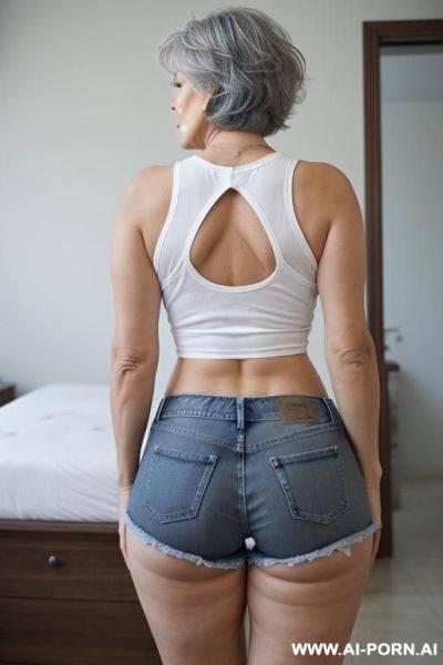 Back view, 0-year-old grandmother, full body, standing, lady, short gray hair, clearly visible age marks, triangular hips, thick thighs, wearing blue denim shorts and a white tank top, double bedroom - ai-porn.ai on pornsimulated.com