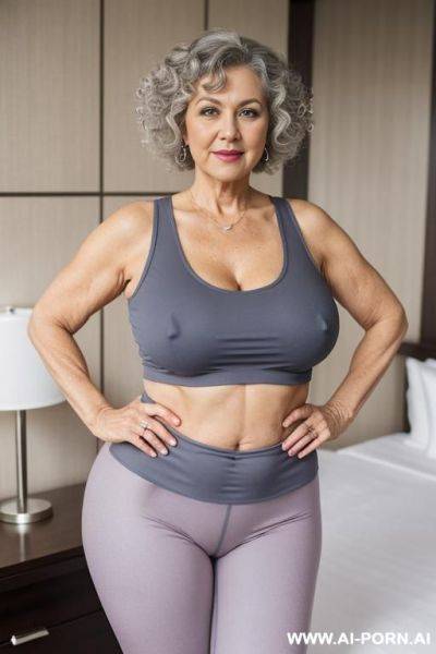 0 year old grandmother, full body, standing, short gray hair, lady, clearly visible age marks, triangular hips, thick thighs, hands on hips, wearing blue leggings, wearing pink tank top, luxury hotel room - ai-porn.ai on pornsimulated.com