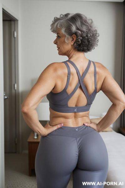 Back view, 0 year old grandmother, full body, standing, short gray hair, lady, clearly visible age marks, triangular hips, thick thighs, hands on hips, wearing blue leggings, wearing pink tank top, luxury hotel room - ai-porn.ai on pornsimulated.com